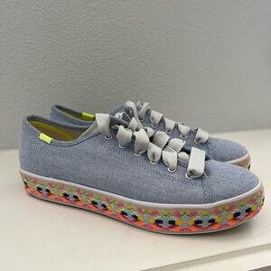 Keds Dreamfoam light blue with bright Aztec detail, never worn